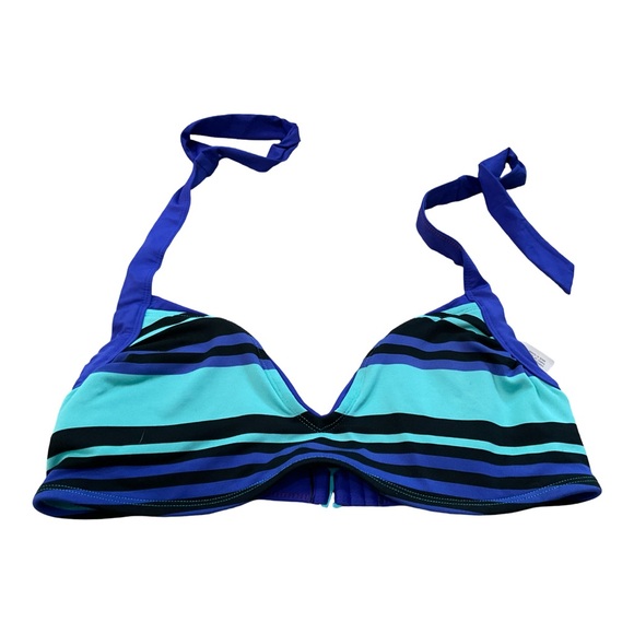 Jag Bikini Set Blue Teal Stripe Halter Tie Side Bottoms 36D/DD Large - Picture 5 of 10